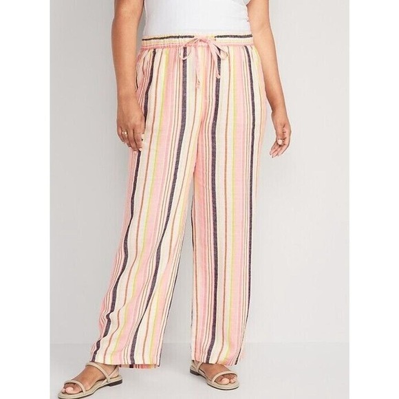 Old Navy Pants - Old Navy Size XL Pants High Waisted Linen Blend Wide Leg Striped Pull On Elastic